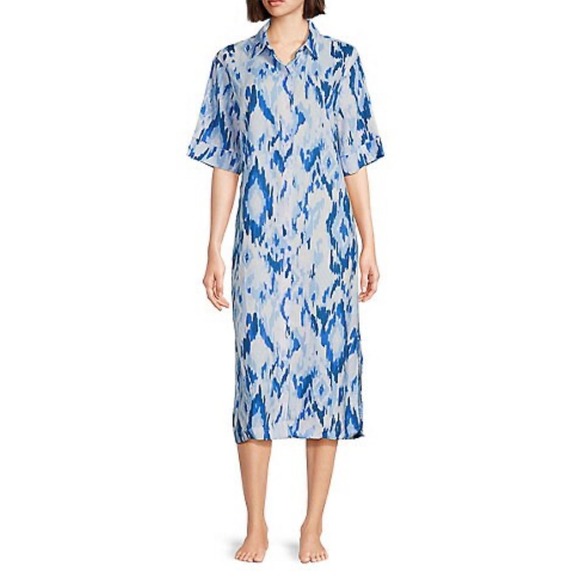 Nottibianche Dresses & Skirts - NOTTIBIANCHE Linen Shirt Dress Caftan Midi Maxi Button Lagenlook Blue Ikat 1X